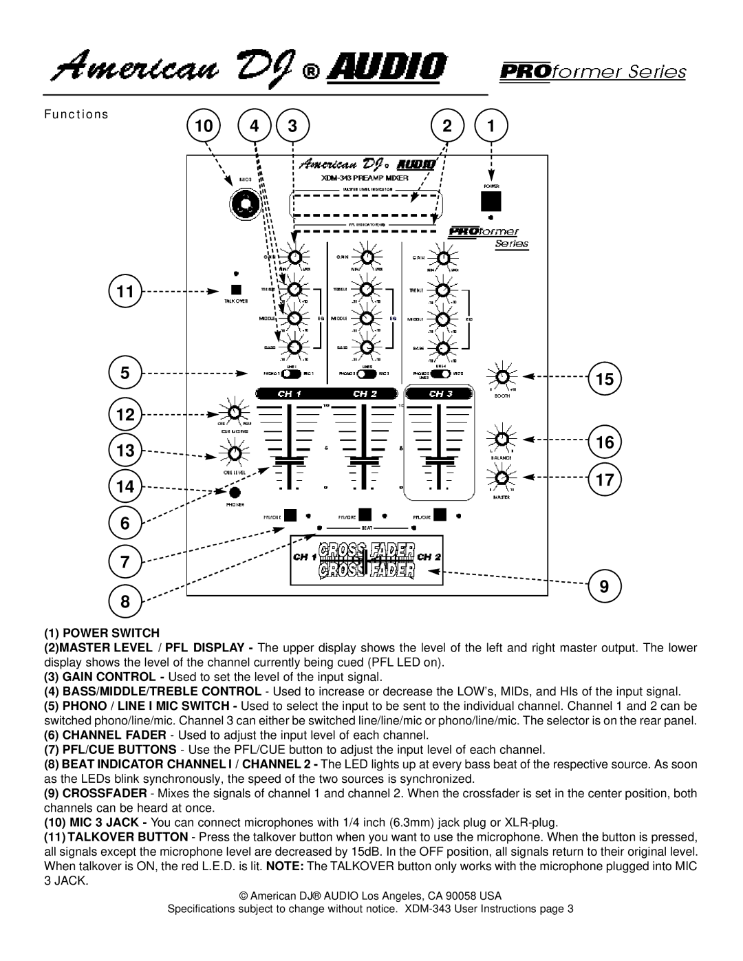 American Audio XDM343 warranty 10 4, Functions 