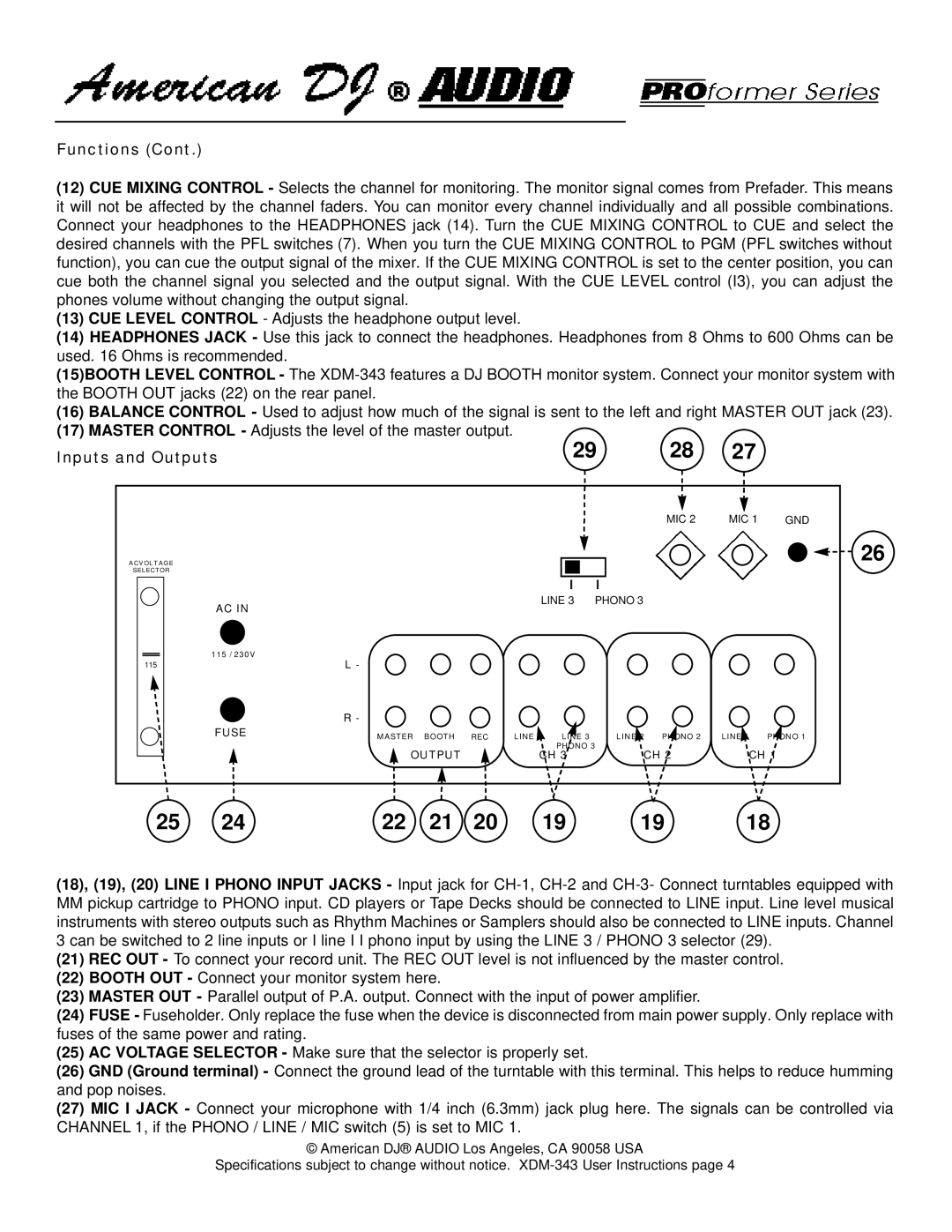 American Audio XDM343 warranty Inputs and Outputs 