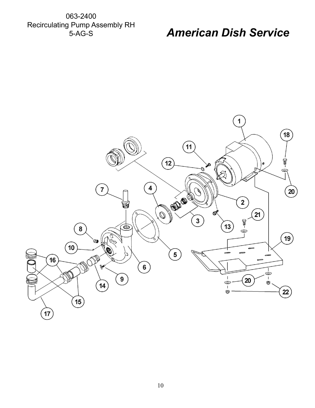 American Dish Service 5-AG-S manual Recirculating Pump Assembly RH AG-S 