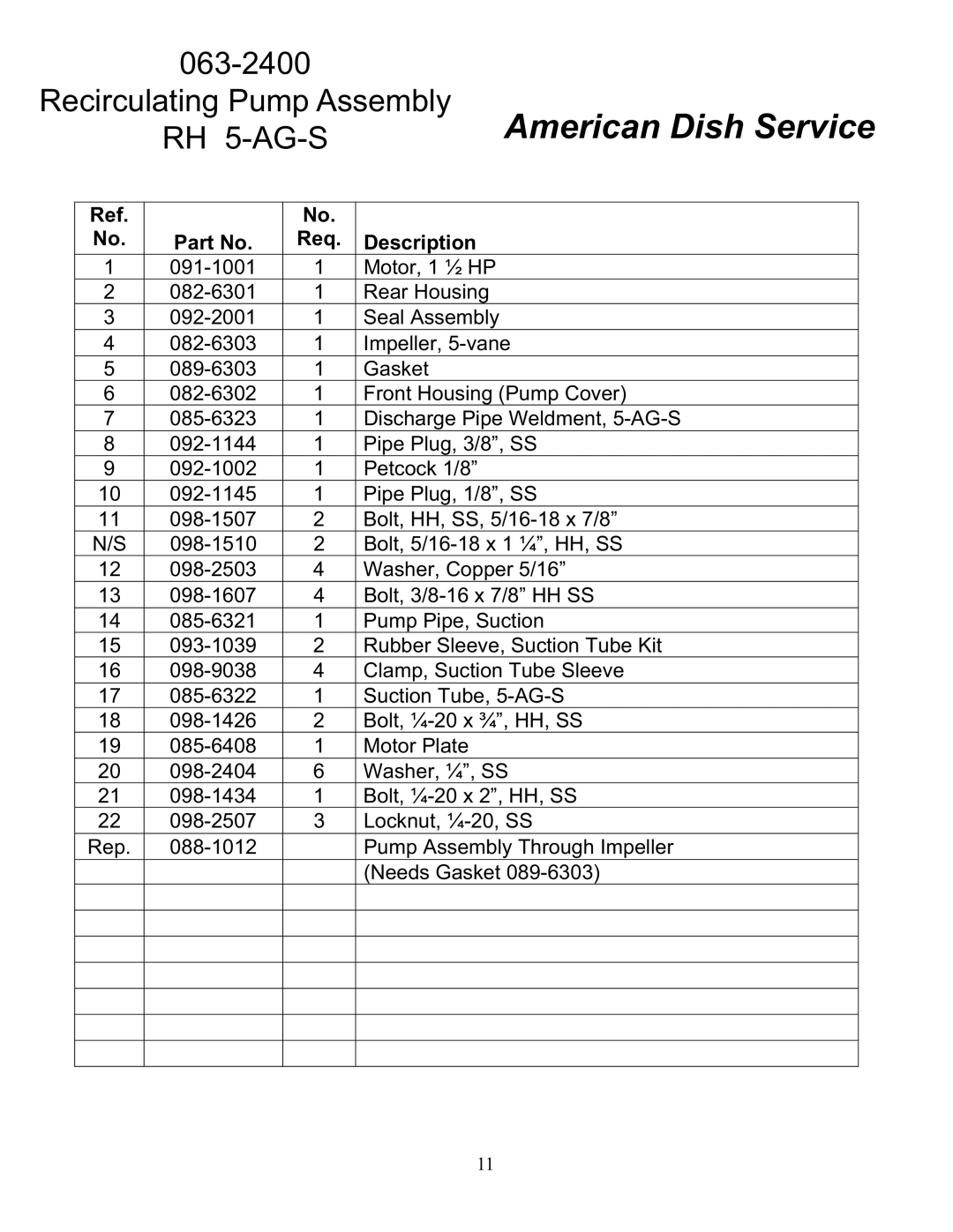 American Dish Service manual Recirculating Pump Assembly RH 5-AG-S 