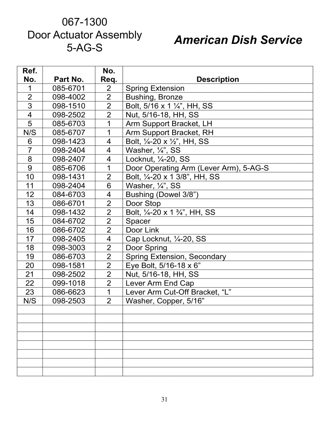 American Dish Service 5-AG-S manual Door Actuator Assembly AG-S 