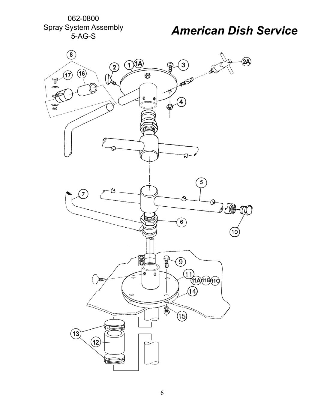 American Dish Service 5-AG-S manual Spray System Assembly AG-S 