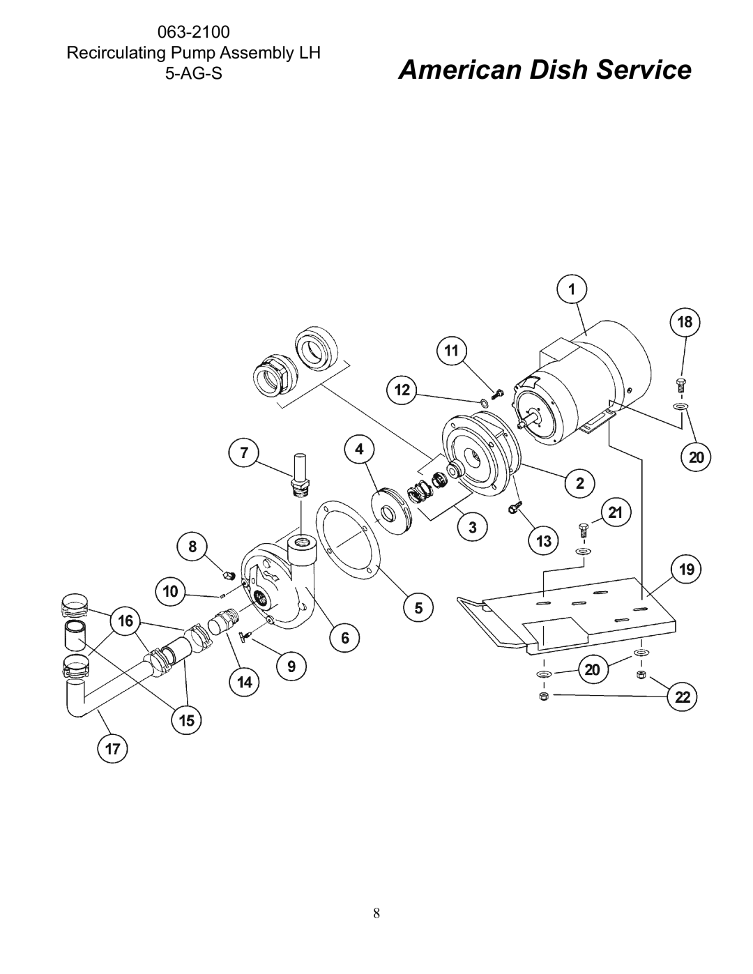 American Dish Service 5-AG-S manual Recirculating Pump Assembly LH AG-S 