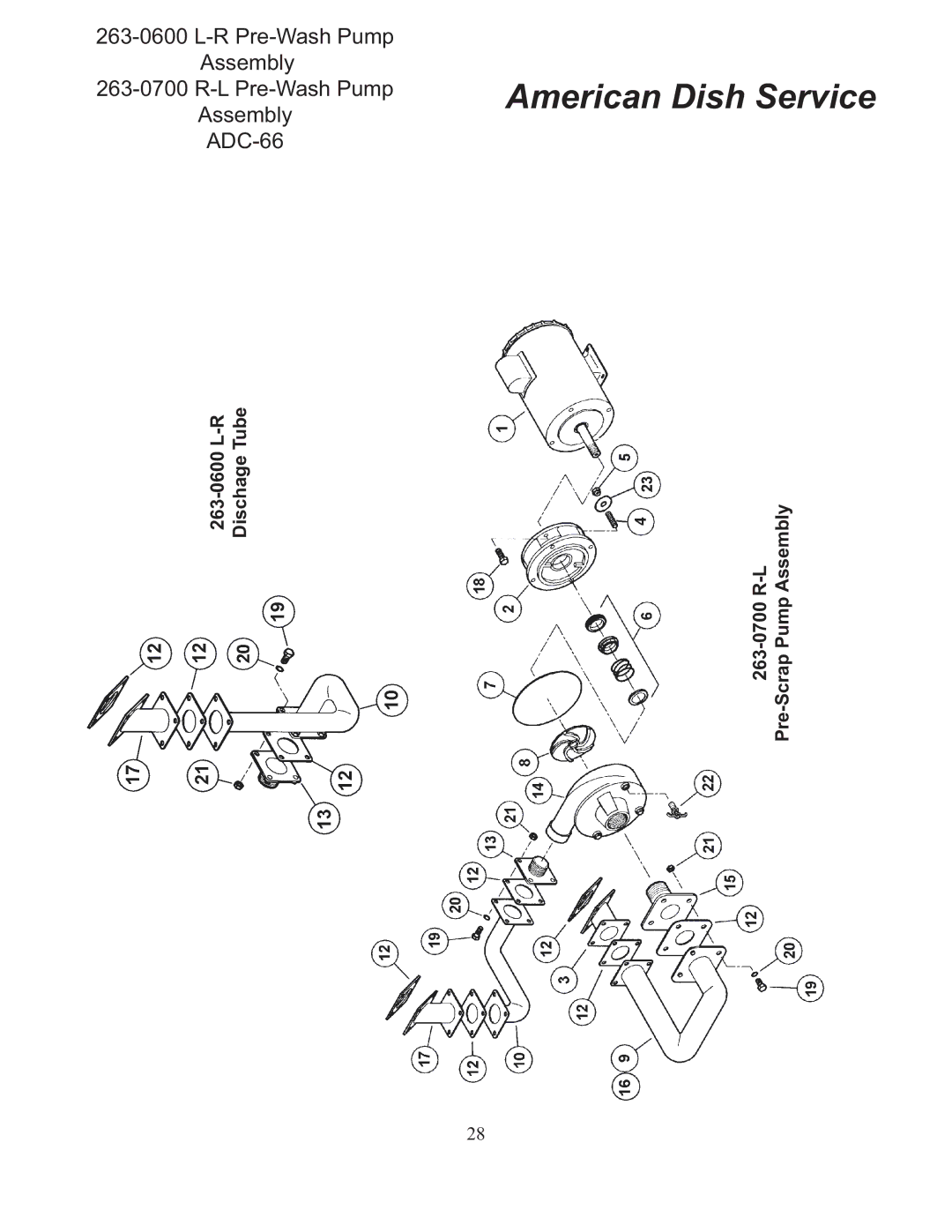 American Dish Service ADC-66 L-R/R-L manual R Pre-Wash Pump Assembly L Pre-Wash Pump ADC-66 