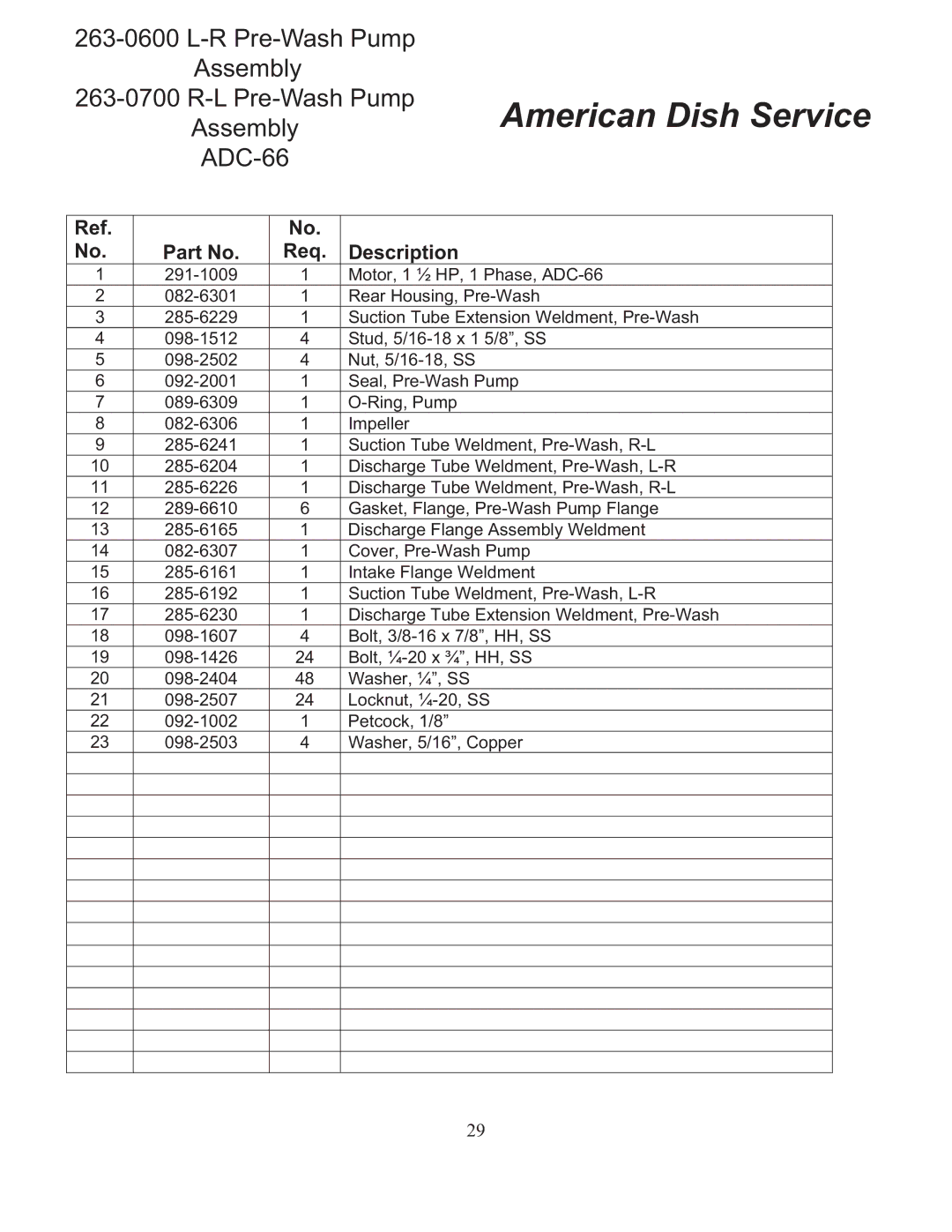 American Dish Service ADC-66 L-R/R-L manual R Pre-Wash Pump Assembly L Pre-Wash Pump ADC-66 