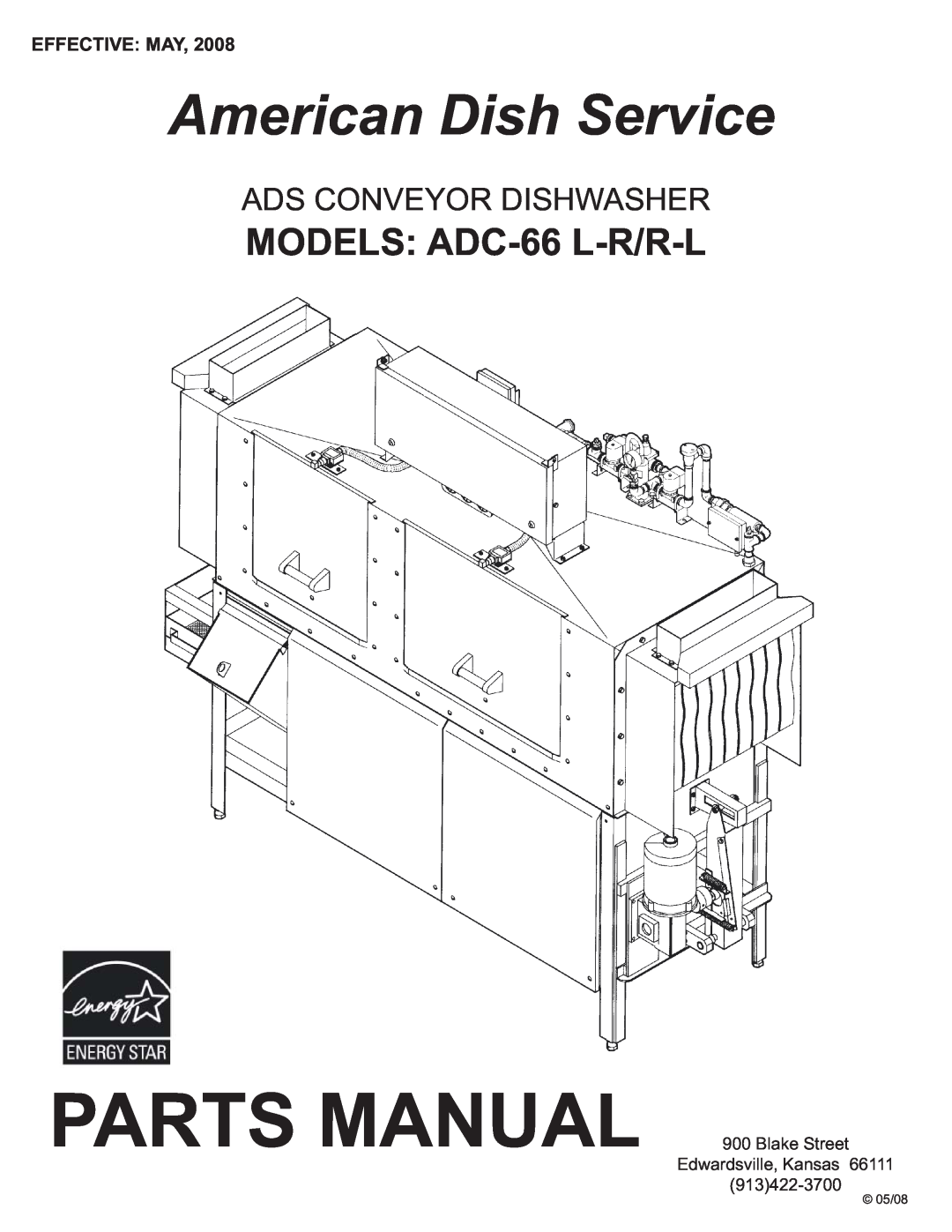 American Dish Service ADC-66 L-R/R-L manual Ads Conveyor Dishwasher, Effective: May, Parts Manual, American Dish Service 