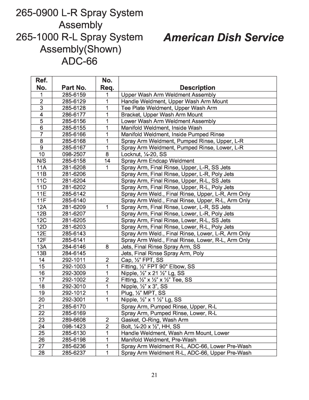 American Dish Service ADC-66 L-R/R-L L-RSpray System Assembly, R-LSpray System American Dish Service, AssemblyShown ADC-66 