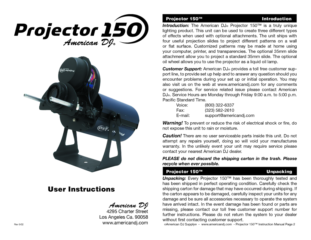 American DJ 150 user service Projector Introduction, Projector Unpacking 