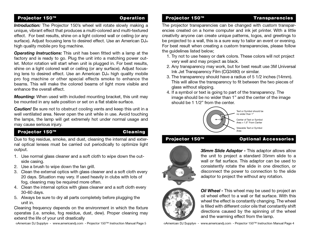 American DJ 150 Projector Operation, Projector Cleaning, Projector Transparencies, Projector Optional Accessories 