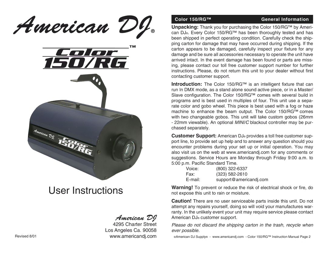 American DJ user service American DJ, Color 150/RG General Information 