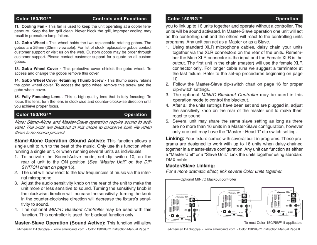 American DJ user service Master/Slave Linking, Color 150/RG Operation 