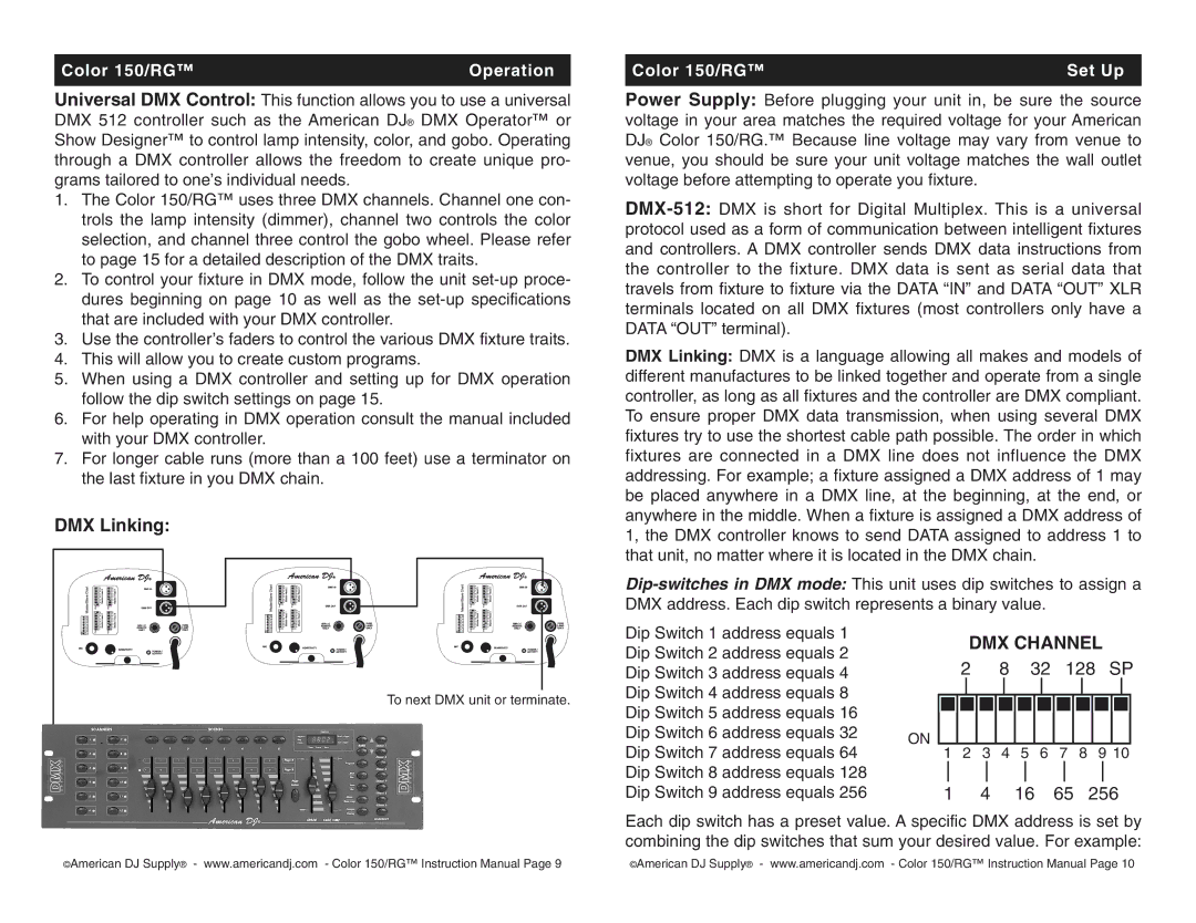 American DJ user service DMX Linking, Color 150/RG Set Up 