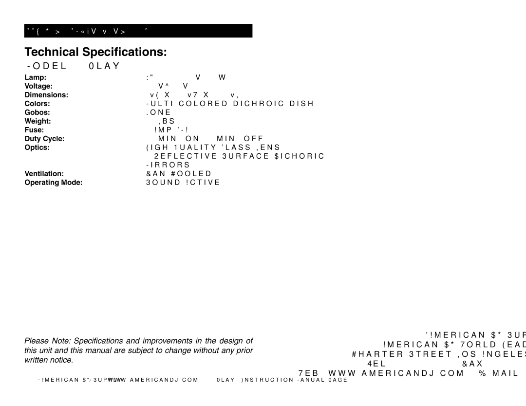 American DJ 4Play operating instructions Technical Specifications, Model 4-Play 