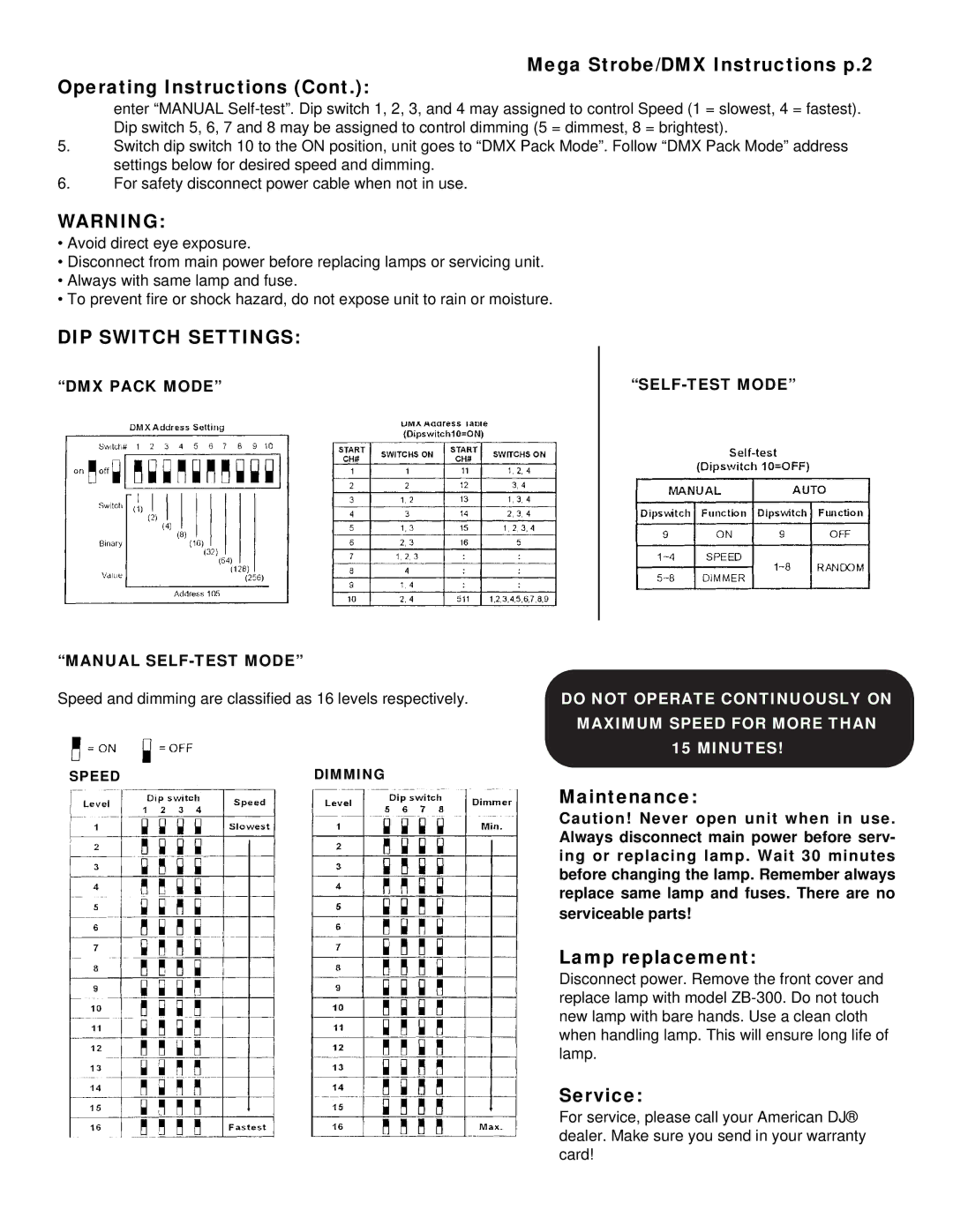 American DJ 750W Mega Strobe/DMX Instructions p.2 Operating Instructions, Maintenance Lamp replacement, Service 