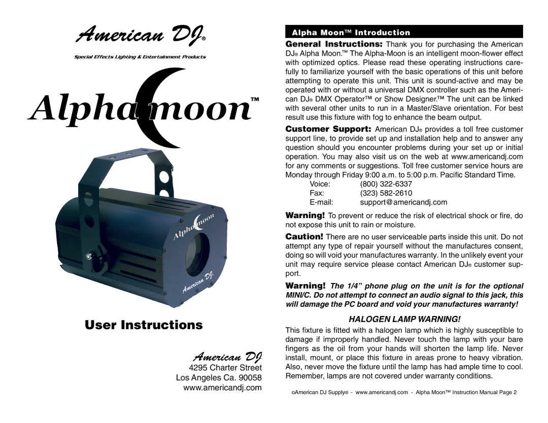 American DJ instruction manual User Instructions American DJ, Alpha Moon Introduction 