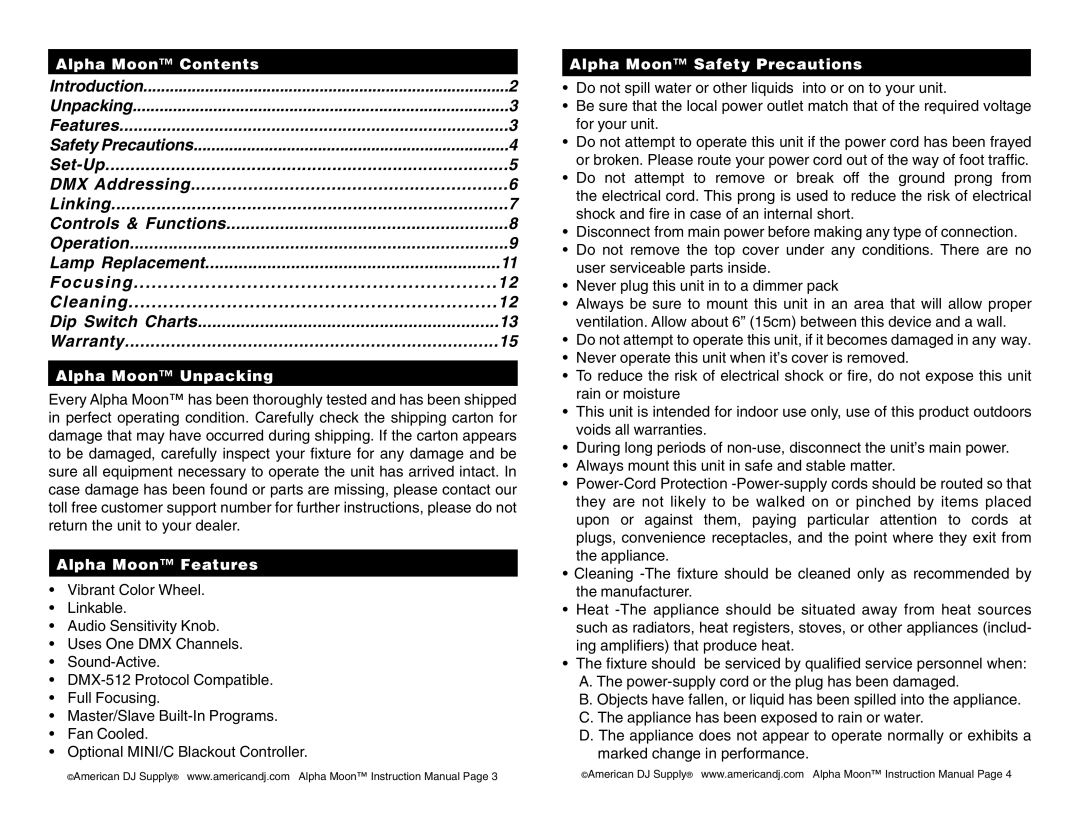 American DJ instruction manual Alpha Moon Unpacking, Alpha Moon Features, Alpha Moon Safety Precautions 