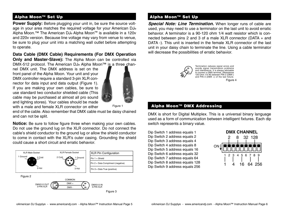 American DJ instruction manual Alpha Moon Set Up, Alpha Moon DMX Addressing 