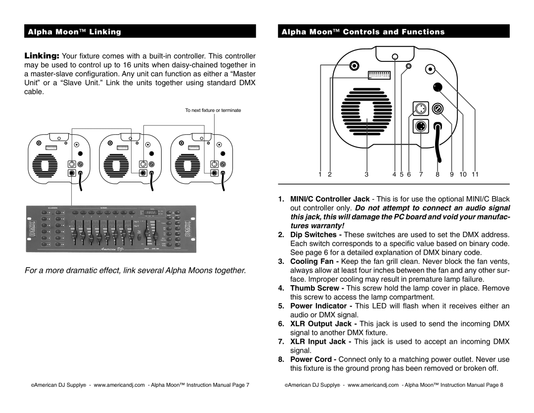 American DJ instruction manual Alpha Moon Linking, Alpha Moon Controls and Functions 