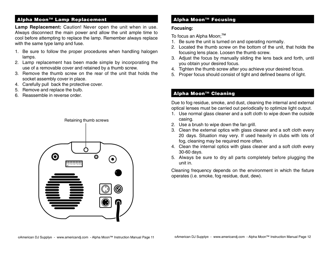 American DJ instruction manual Alpha Moon Lamp Replacement, Alpha Moon Focusing, Alpha Moon Cleaning 