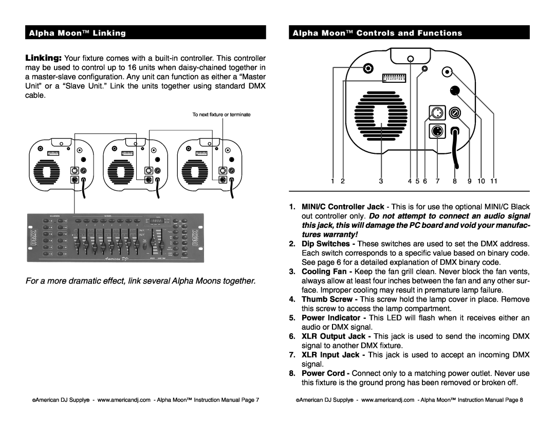 American DJ instruction manual Alpha Moon Linking, Alpha Moon Controls and Functions, To next fixture or terminate 