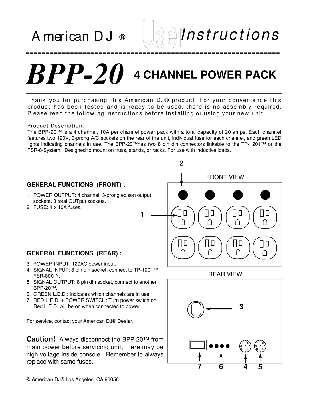 American DJ manual American DJ UserInstructions, BPP-204 Channel Power Pack, General Functions Front 