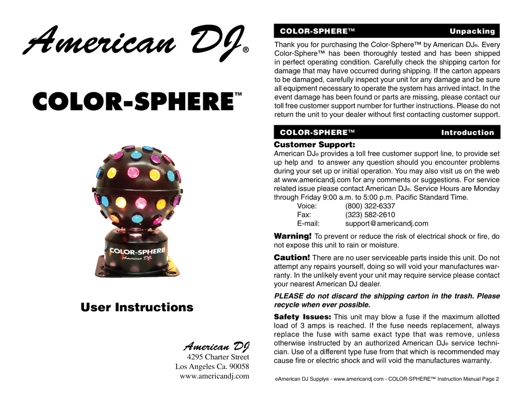 American DJ Color-Sphere instruction manual Customer Support, COLOR-SPHEREUnpacking, COLOR-SPHEREIntroduction 