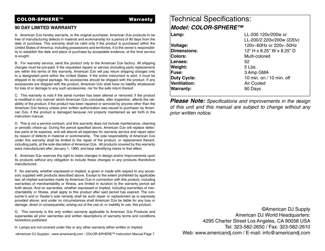 American DJ Color-Sphere instruction manual DAY Limited Warranty 