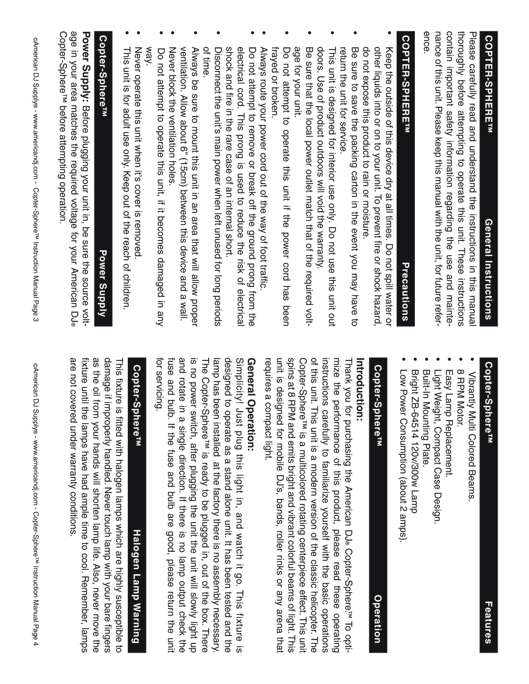 American DJ Copter-Sphere instruction manual Introduction, General Operation 