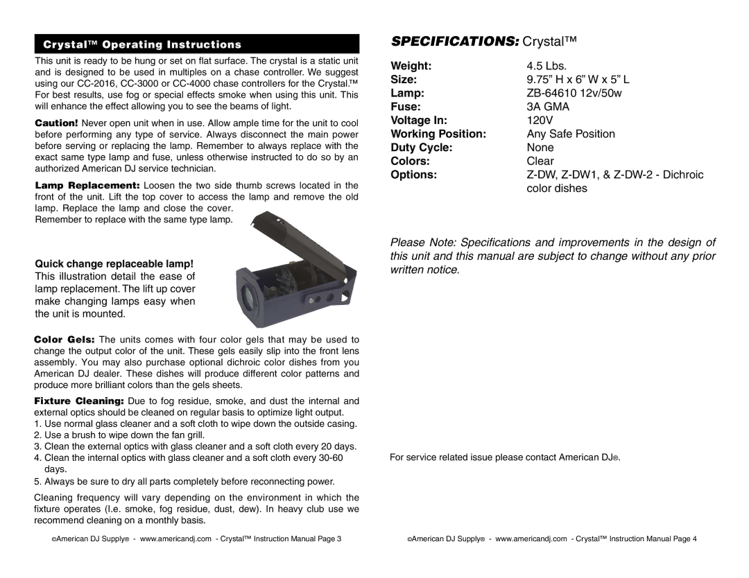 American DJ user service Specifications Crystal 