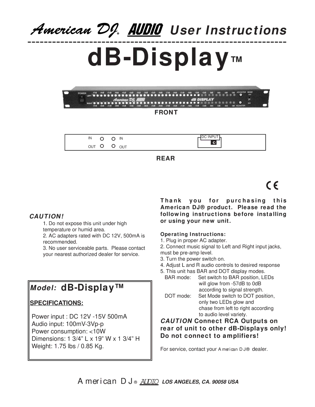 American DJ operating instructions DB-Display, Model dB-Display, Front, Specifications, Rear 