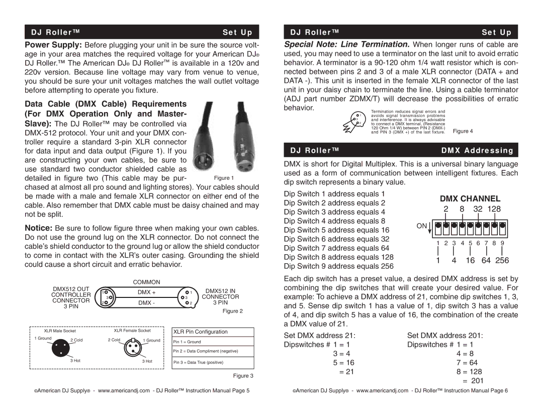 American DJ instruction manual Data Cable DMX Cable Requirements, DJ Roller Set Up, DJ Roller DMX Addressing 