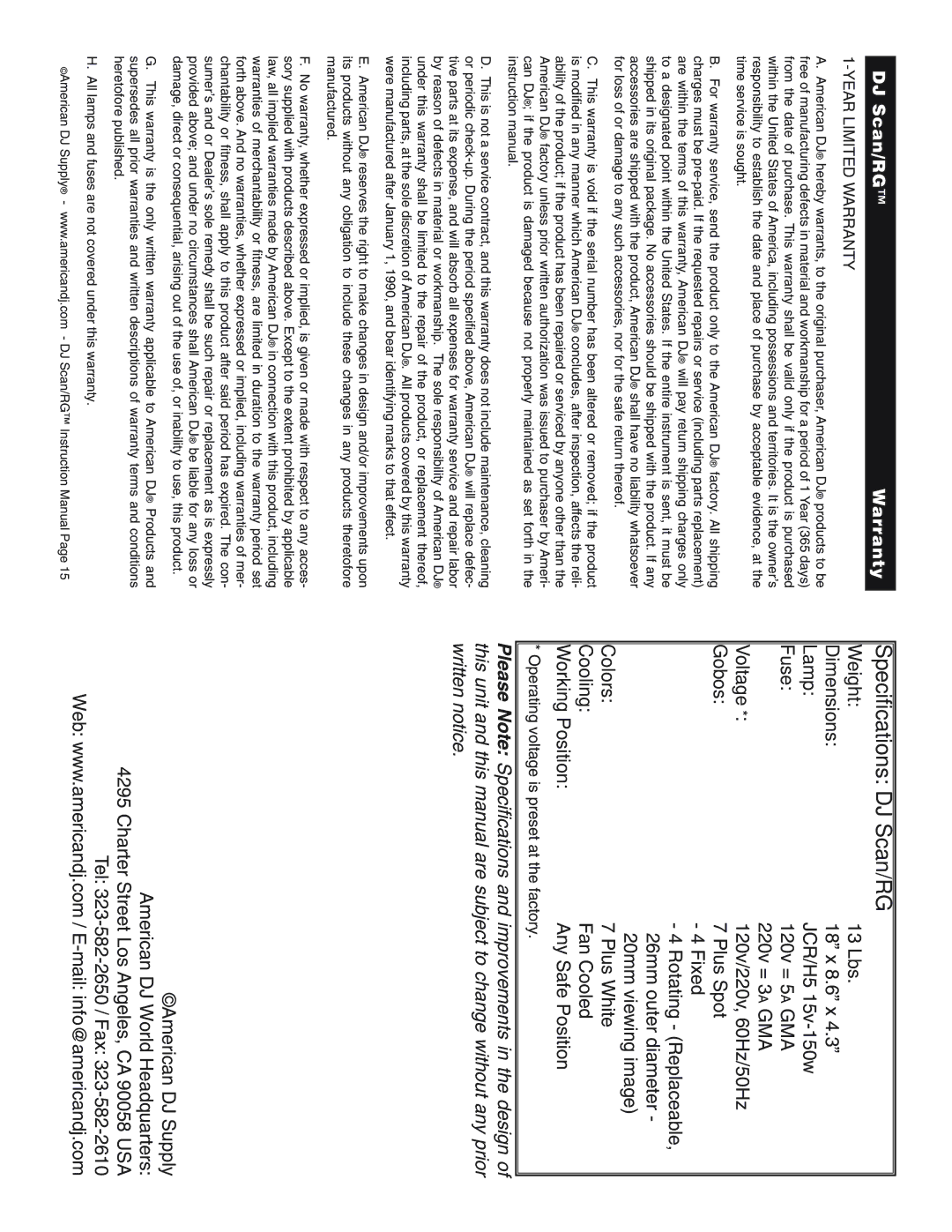 American DJ instruction manual Specifications DJ Scan/RG 