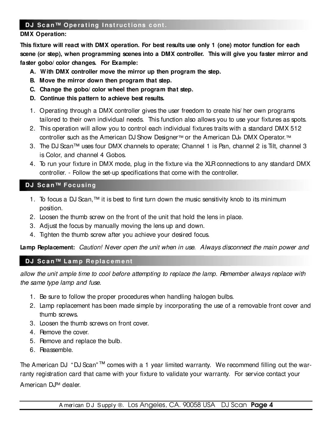 American DJ DMX-512 specifications DJ Scan Focusing 