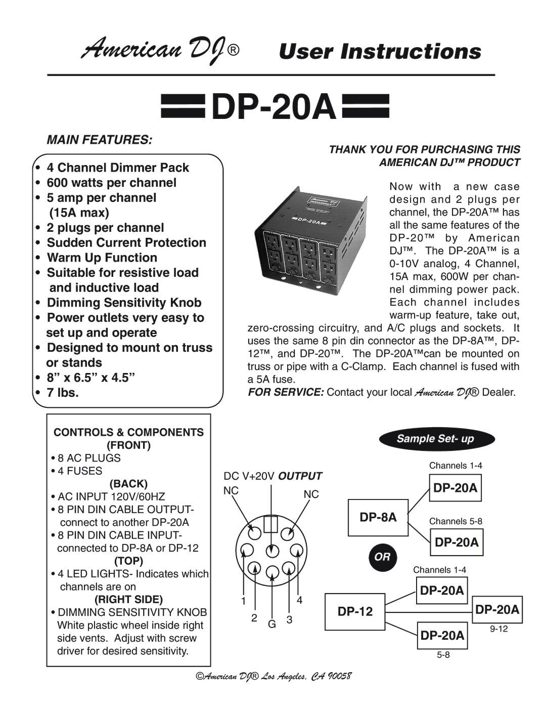 American DJ DP-20A manual Main Features, DP-8A, Thank YOU for Purchasing this American DJ Product, Sample Set- up 