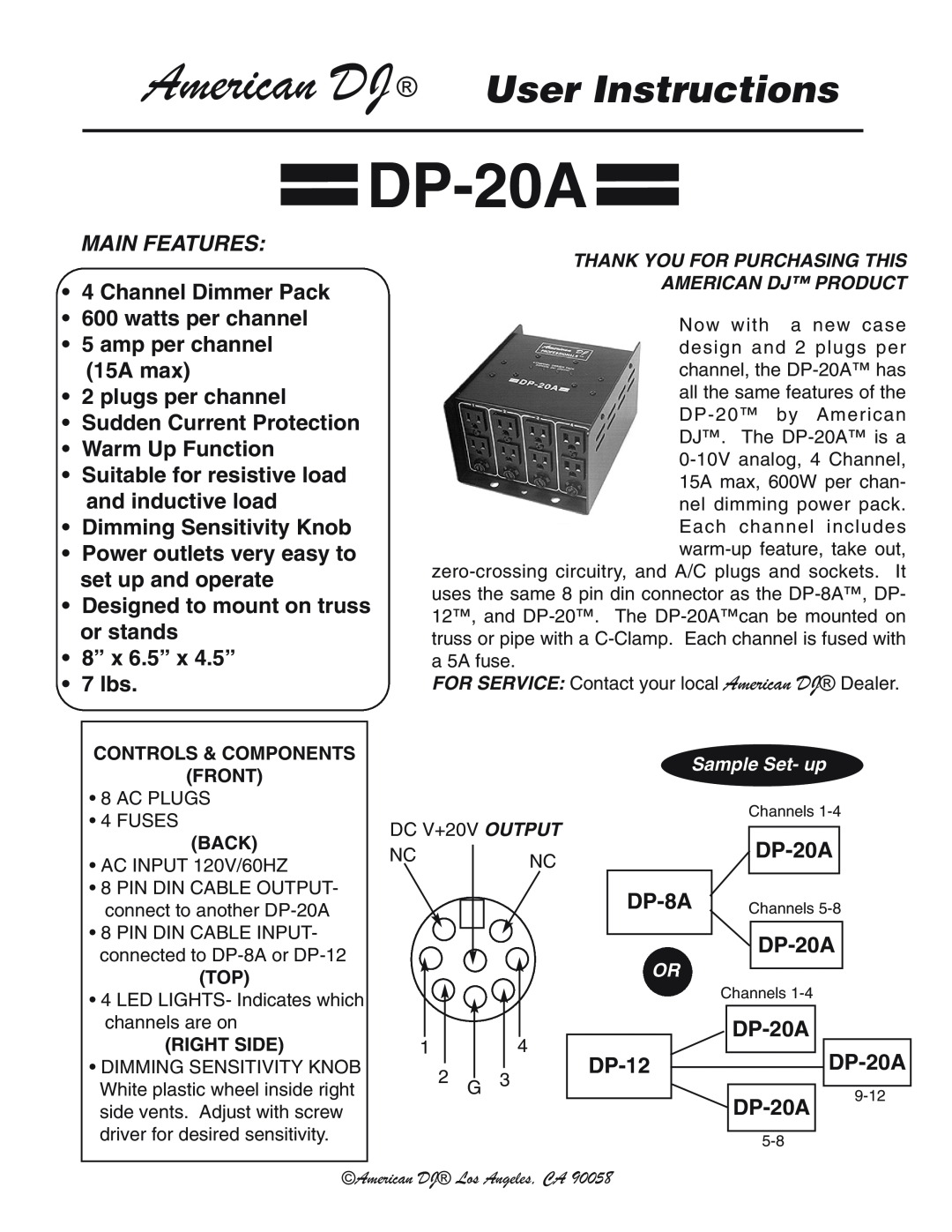 American DJ DP-20A manual American DJ User Instructions, Main Features 