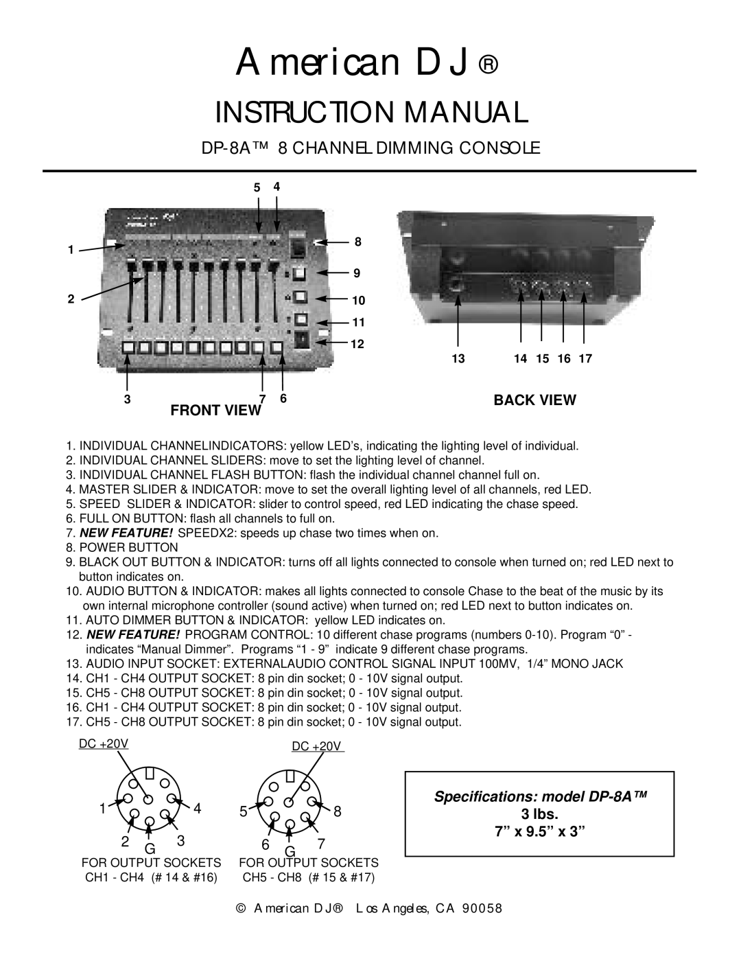 American DJ instruction manual American DJ, DP-8A 8 Channel Dimming Console, Back View, Front View 