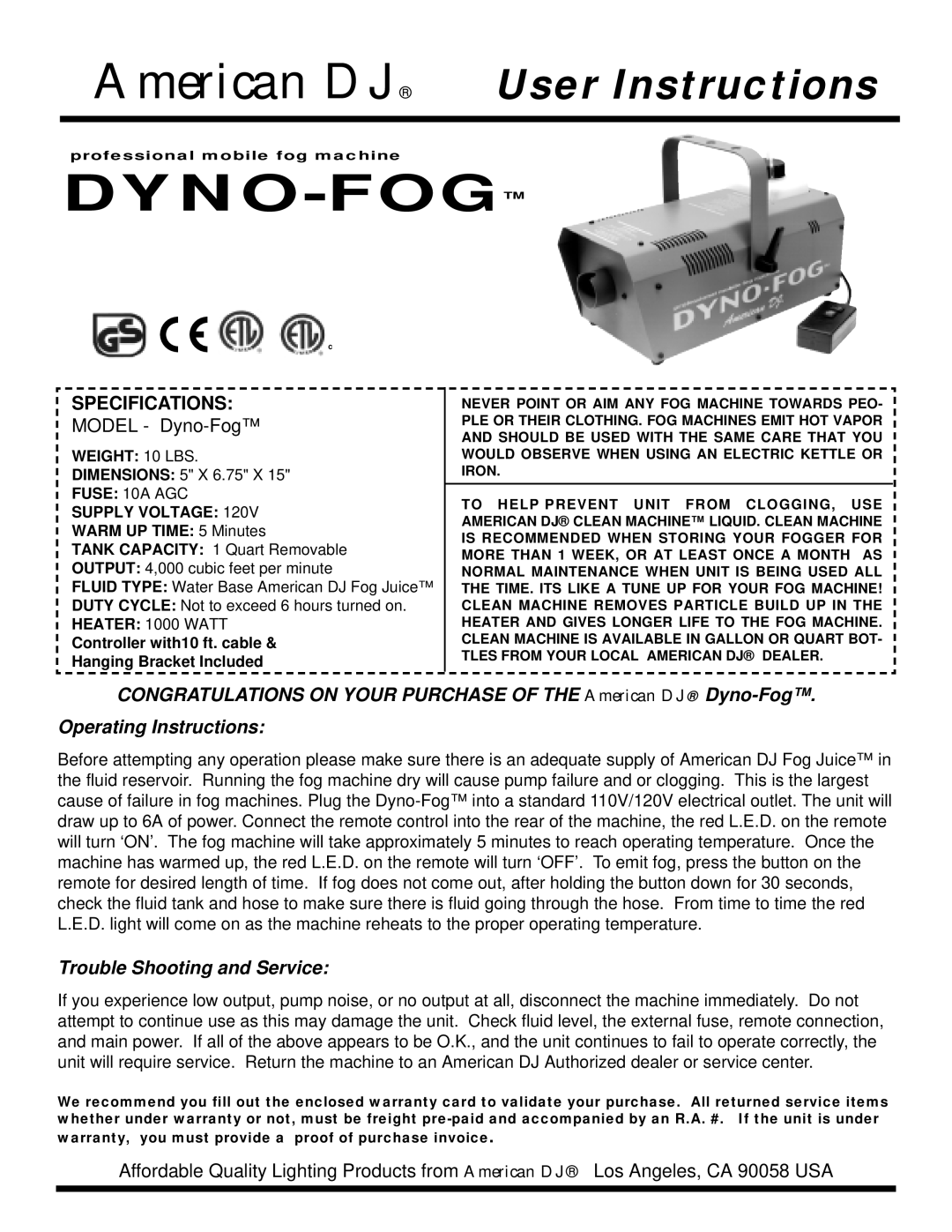 American DJ specifications Specifications, Model Dyno-Fog, Trouble Shooting and Service 