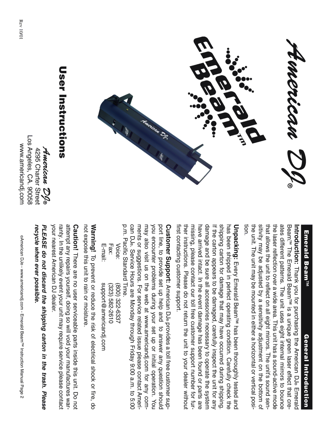 American DJ Emrald Beam instruction manual American DJ, Emerald Beam General Introduction 