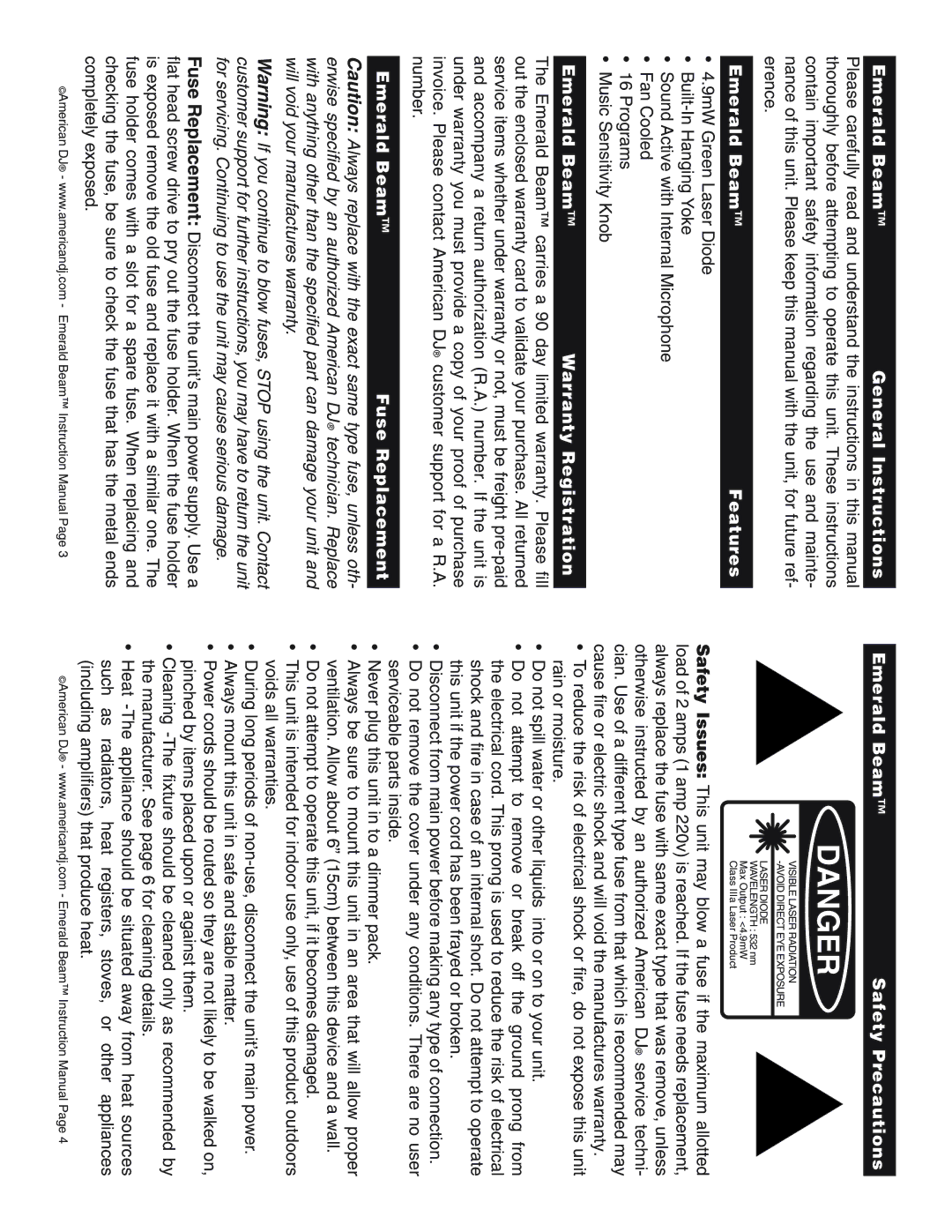 American DJ Emrald Beam Emerald Beam General Instructions, Emerald Beam Features, Emerald Beam Warranty Registration 