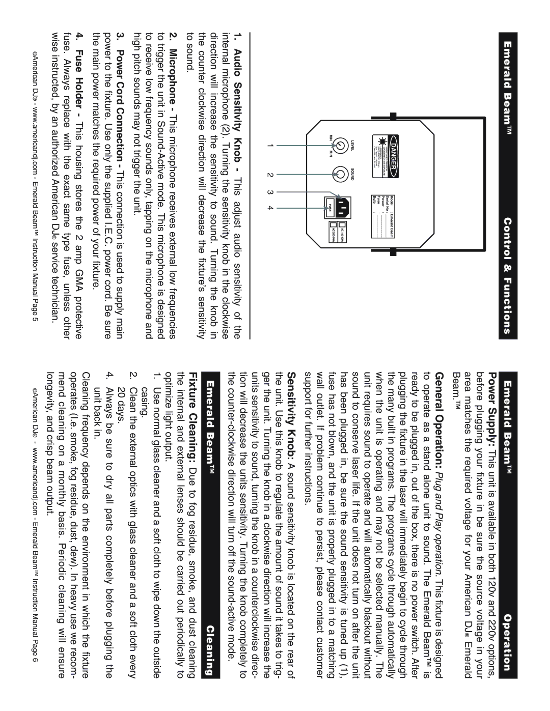 American DJ Emrald Beam instruction manual Emerald Beam Operation, Emerald Beam Cleaning 