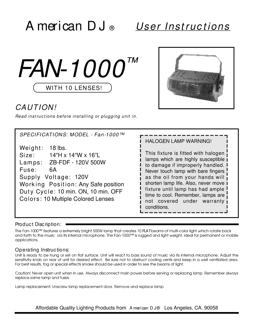 American DJ Fan-1000 specifications FAN-1000, With 10 Lenses 