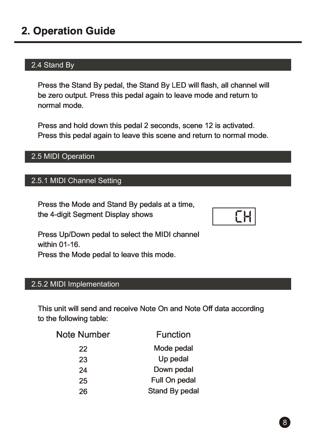 American DJ FC 400 user manual Note Number, Function, Operation Guide, Stand By, MIDI Operation 2.5.1 MIDI Channel Setting 