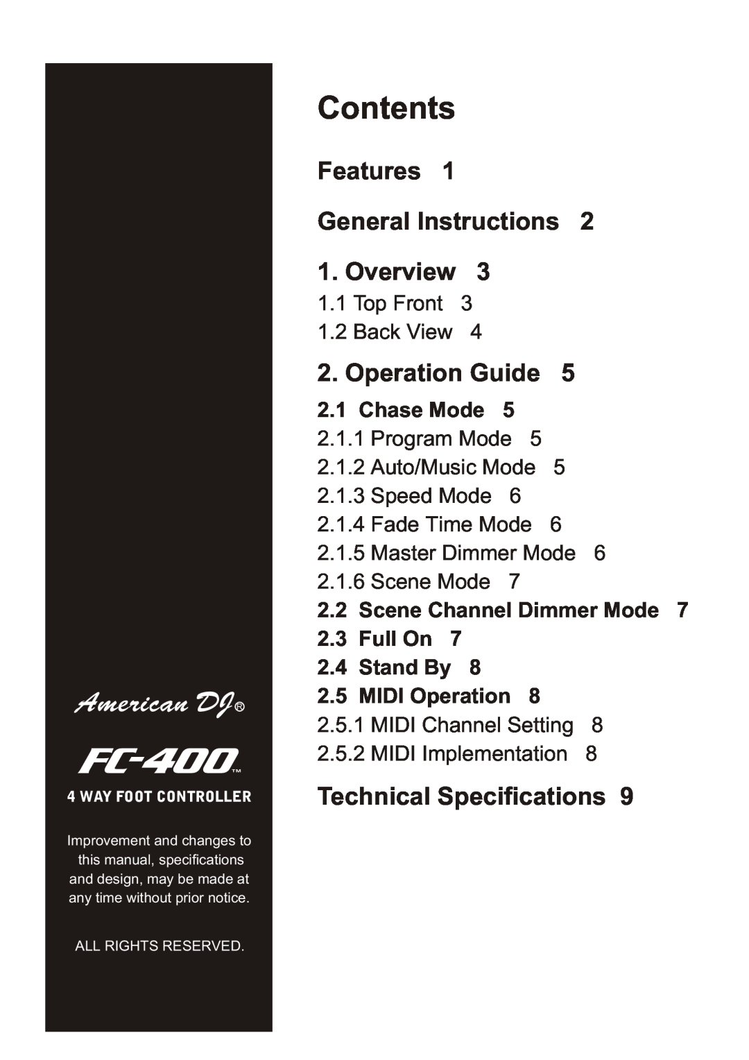 American DJ FC 400 Features General Instructions 1. Overview, Operation Guide, Top Front 1.2 Back View, FC-400 TM 