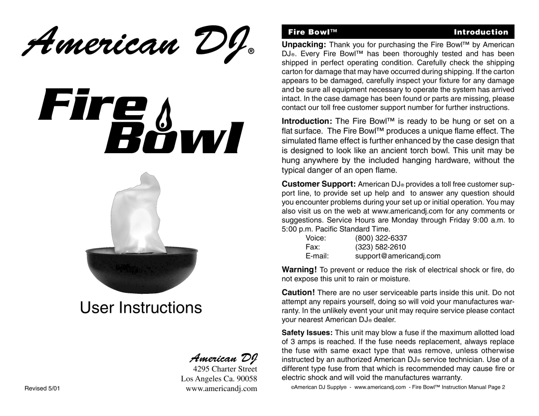 American DJ user service American DJ, Fire Bowl Introduction 