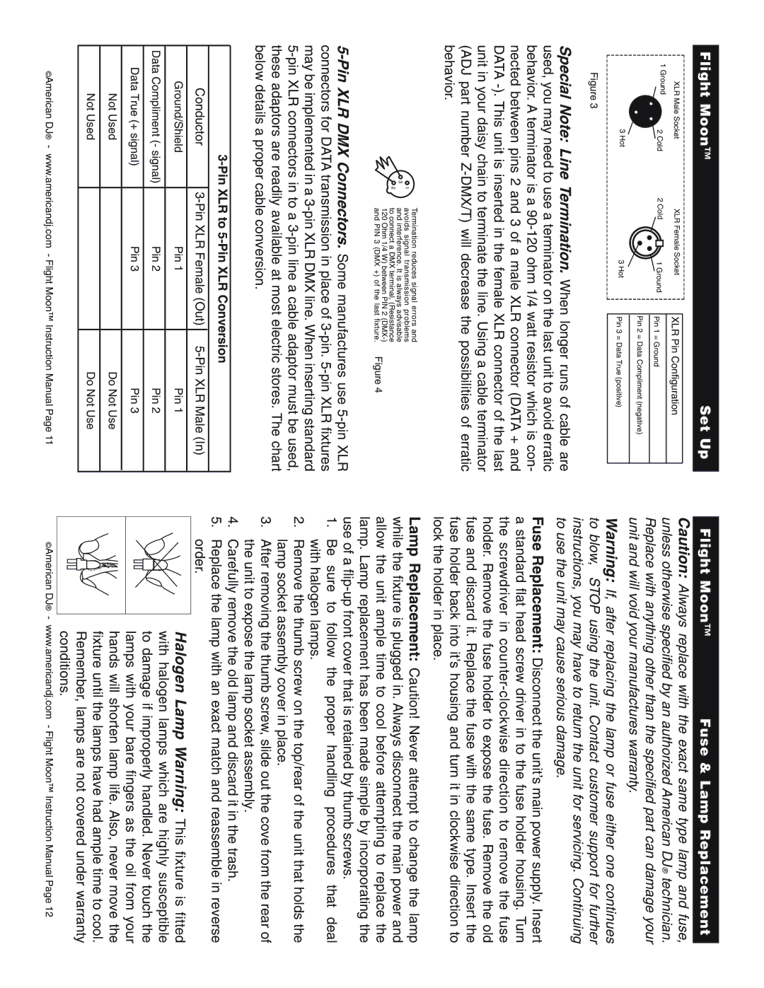 American DJ Flight-Moon instruction manual Flight Moon Set Up Fuse & Lamp Replacement, Pin XLR to 5-Pin XLR Conversion 