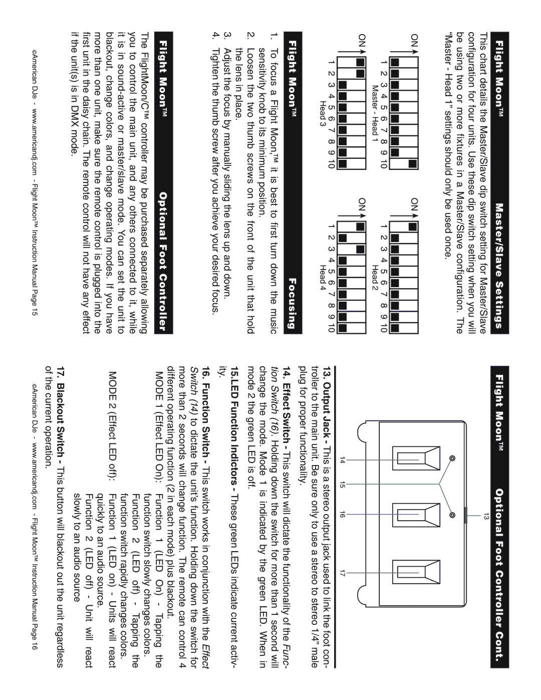 American DJ Flight-Moon Flight Moon Master/Slave Settings, Flight Moon Optional Foot Controller, Flight Moon Focusing 