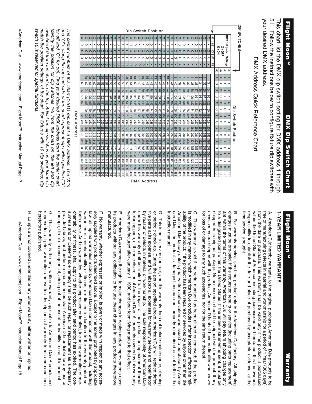 American DJ Flight-Moon instruction manual Flight Moon DMX Dip Switch Chart, Flight Moon Warranty 