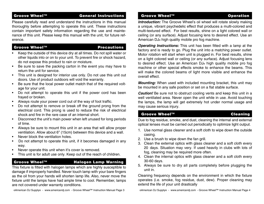 American DJ user service Groove Wheel General Instructions, Groove Wheel Precautions, Groove Wheel Halogen Lamp Warning 