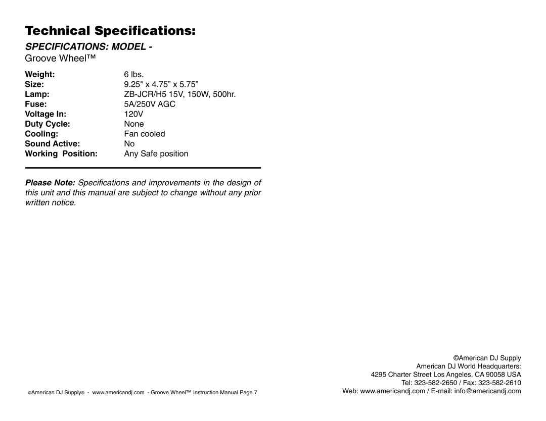 American DJ Groove Wheel user service Technical Specifications 