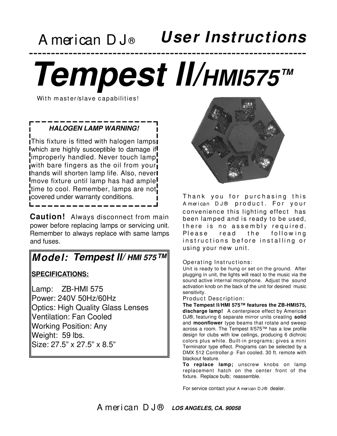 American DJ HMI 575TM specifications Specifications, Operating Instructions, Product Description 